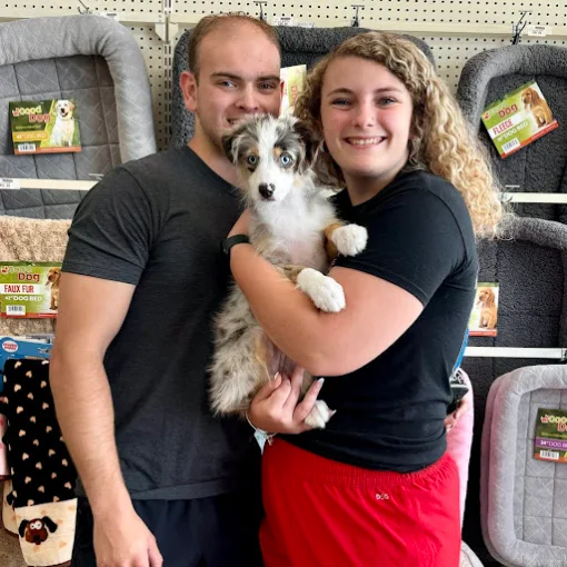 Two adults holding a blue-eyed puppy at Petland Eastgate